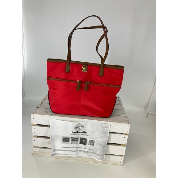 MICHAEL KORS, LARGE RED NYLON, BROWN LEATHER SHOULDER BAG - Picture 2 of 11